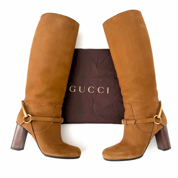 Gucci Shoes - GUCCI | Vintage Brown Nubuck Horsebit Knee High Heel Boots Size 37